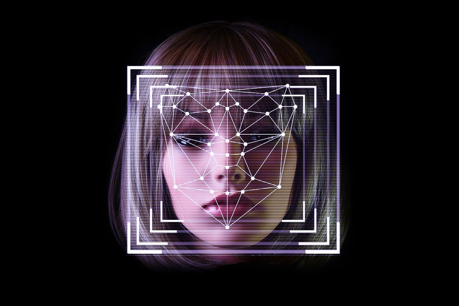 Ein weiblich gelesener Kopf einer weißen Person mit blonden, schulterlangen Haaren auf schwarzem Hintergrund. Das Gesicht ist umgeben von geometrischen, weißen Rahmen. Über dem Gesicht befindet sich ein weißes Face-Mesh, zur Erkennung der Gesichtsgeometrie.